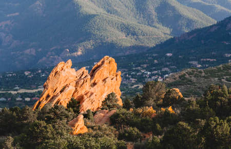 Scenic Rock Formations at Garden of the Gods, Colorado. Beautiful scenic natural mountain peaks. Travel destination location with recreational hiking, biking and rock climbing.の写真素材