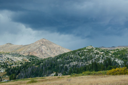 Beautiful Beartooth Highway landscape scene. Scenic travel destination location located on the Wyoming and Montana border. Scenic travel destination location for road trip.の写真素材
