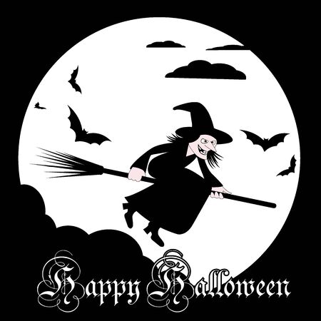 Halloween background. Witch flies on a broomstick against the background of the full moon.Vector illustrationのイラスト素材