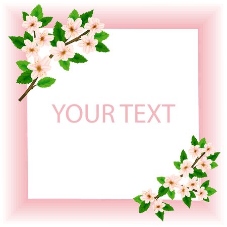 Frame of spring flowers and green leaves on a pink background for paintings, photos, posters, invitations and other cards. Vector illustrationのイラスト素材