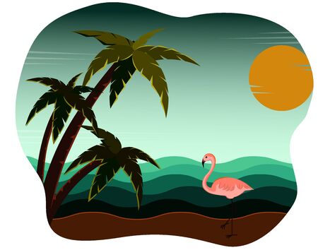 Illustration of beach and sea coast landscape at sunset with beautiful evening sky. Flamingo and palm trees. Creative summer banner. Summer theme background. Vector illustrationのイラスト素材