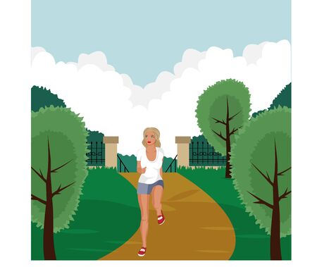 Athletic girl running in the park. Park, trees and hills on a green background. Banner, website, poster template. Vector illustrationのイラスト素材