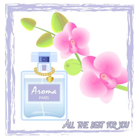 Bottle with floral pattern. Bright modern poster for advertising and selling Aroma. Vector illustrationのイラスト素材
