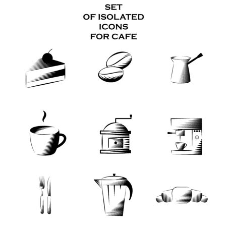 Vector illustration set of isolated icons for cafe. Elements of grain, croissant, cutlery, coffee makers and other cafe attributesのイラスト素材