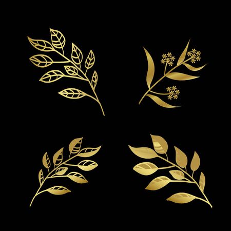 Golden leaves on a black background. A wreath of golden branches. Flat lay, top view, copy space, square. Design elements for holiday cards, banners. Vector isolated illustration.のイラスト素材