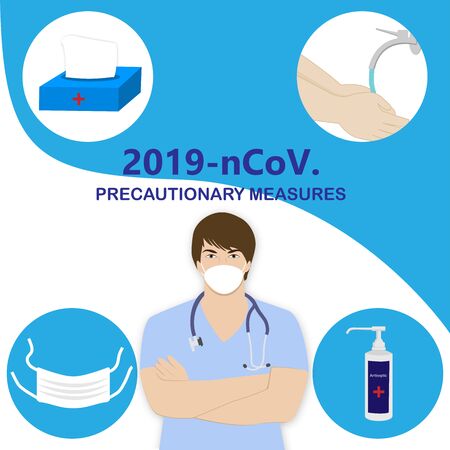Corona virus illustration. The doctor warns to observe precautions mask, antiseptic, wet wipes, washing hands. Vector isolated stock illustration.のイラスト素材