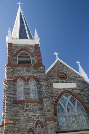 Stone Church in Harper's Ferry, West Virginia with deep blue winter sky in background