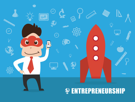 Illustration of entrepreneurship, start up business man concept. Character design of business man with cloud mask and igniting rocket on technology icons background.のイラスト素材