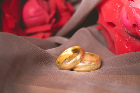 Gold wedding rings with red roses background. Engagement concept.の写真素材