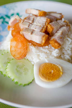 Crispy belly pork on rice and egg with barbecue red sauceの写真素材