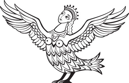 Black and white llustration of a mythical character - creature with the body of a bird and the head of a beautiful woman.のイラスト素材
