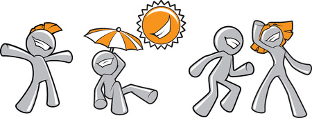 Illustration of a few funny happy persons cartoon characters fooling around under the sun.のイラスト素材