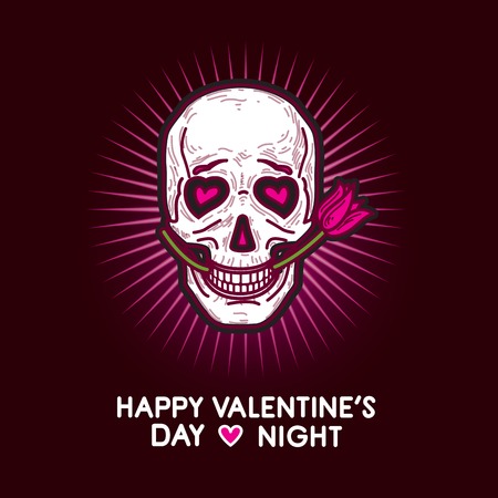 Humorous gloomy and grim illustration postcard for Valentine's Day and Valentine's Night with funny smiling looking in love skull with pink rose in its teeth in the pink glow on black background.のイラスト素材