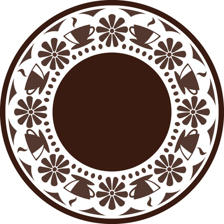 Ornament. Interleaved  images of coffee cups with coffee and flowers, arranged in a circle.のイラスト素材
