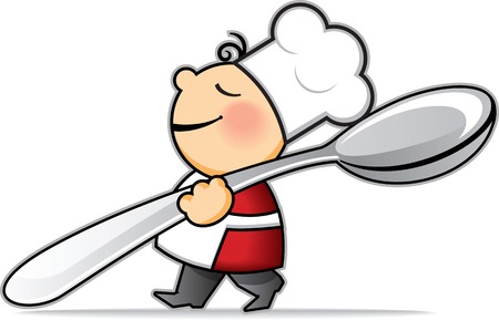 Illustration of little cartoon cook in apron with very big spoon.のイラスト素材