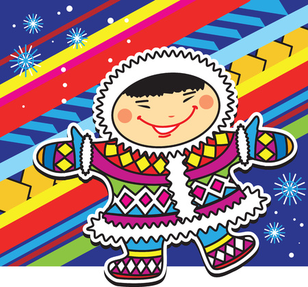 Smiling Eskimo little boy in ethnic colorful clothes on a colorful Escimo style background.のイラスト素材