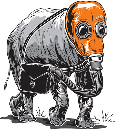 illustration of an strange elephant in an orange gas mask with a briefcase on its sideのイラスト素材