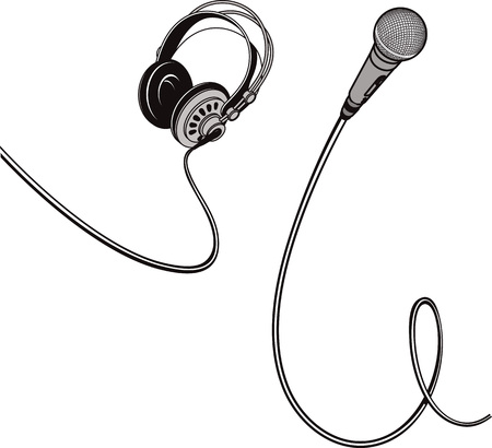 Black and white vector illustration of isolated microphone and headphones with wires.のイラスト素材