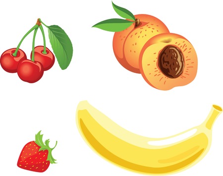 Vector fruit set. Cherry, peach, strawberry, banana.のイラスト素材