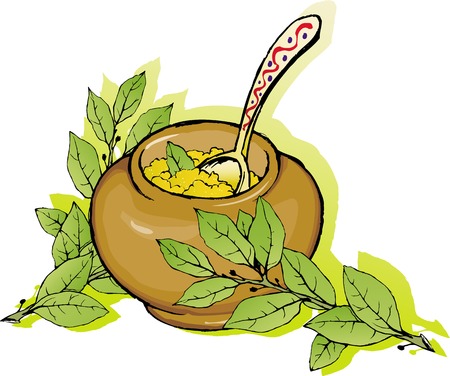 Vector illustration of the national Russian meal porridge cooked in a ceramic pot and laurel branches nearby.のイラスト素材