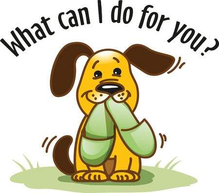 Vector illustration "What can I do for you?" Funny cartoon dog brings slippers to its owner.のイラスト素材