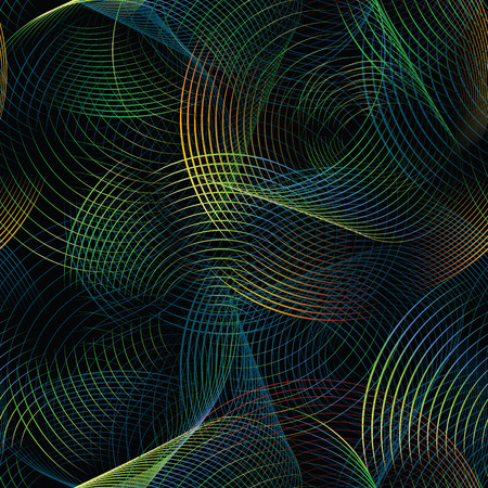 Abstract vector seamless pattern futuristic background with colored circular lines and waves. Decorative element looking volumetric and luminous.のイラスト素材