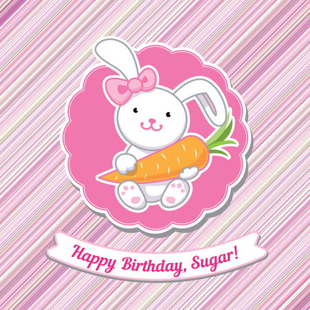 Vector illustration Card "Happy Birthday". Amazing cartoon bunny girl with a pink bow and carrots on a pink background.のイラスト素材