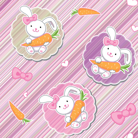 Cute funny seamless pattern with amazing cartoon bunny girls with pink bows, carrots and hearts on pink lines background.のイラスト素材
