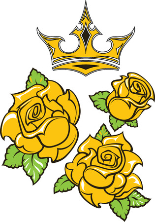 Old-school styled tattoo of three yellow roses with green leaves and gold crown. Editable vector illustration isolated on white background.のイラスト素材