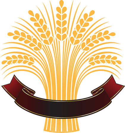 Golden ripe wheat sheaf with elegant brown banner. Vector decorative element, brand icon or logo template.のイラスト素材
