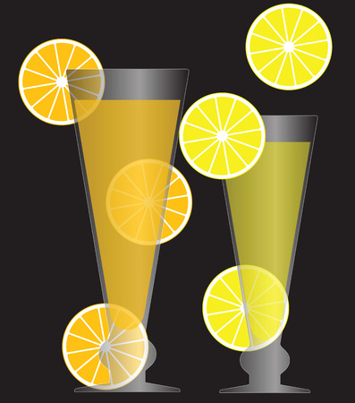 Vector illustration of glasses with fresh cocktails with lemon and orange slices isolated on black background.のイラスト素材