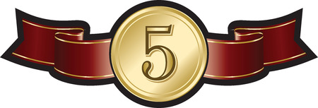 Vector award decoration gold shiny badge on elegant red ribbon.のイラスト素材