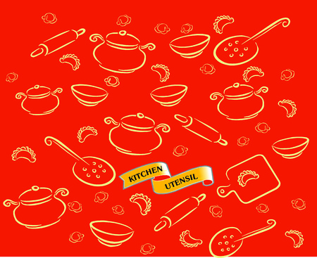 Vector illustration with kitchen utensils, accessories and perogies isolated on red background ..のイラスト素材