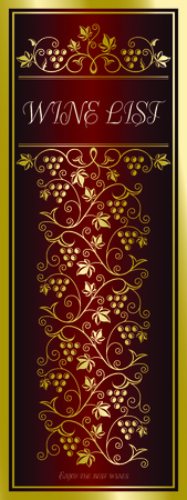 Elegant richly decorated vine list template on deep red background with bunches of grapes.のイラスト素材