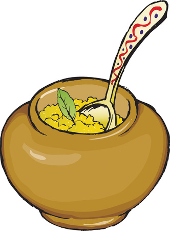 Vector illustration of meal porridge cooked in ceramic pot with laurel leaves.のイラスト素材