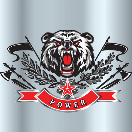 Furious angry face of terrible bear with open mouth and terrible teeth as element of military style crest. Great for use as logo element, icon, tattoo symbol of strength and aggressiveness.のイラスト素材