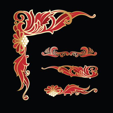 Richly decorated elegant corner and borders templates on black background. Vector decoration.のイラスト素材