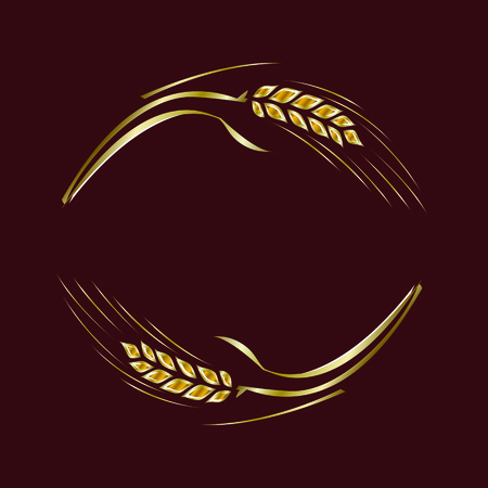 Gold ripe wheat rye ears on brown background, vector. Can be used as frame, corner or border design element.のイラスト素材