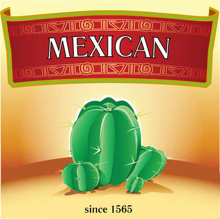 Large Mexican cactus on Mexican desert background framed with Mexican patterns. Label banner template.のイラスト素材