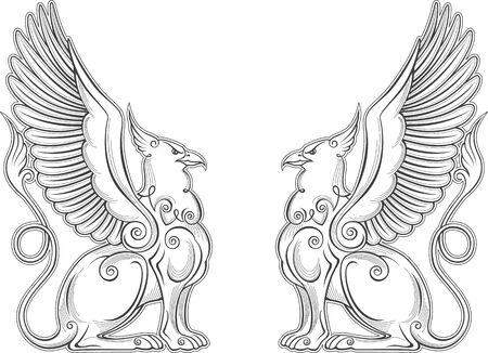 Royal heraldry gryphon mythical creature power and strength symbol vector eagle head lion body bird wings heraldic emblem legendary beast monarchy vulture mystic coat of arms symbol.のイラスト素材