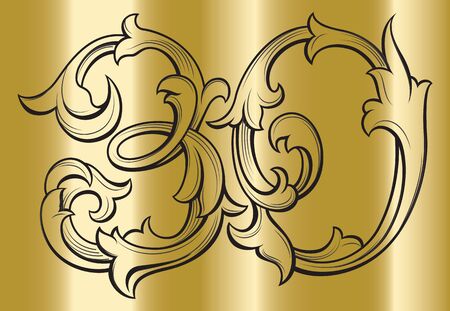 Elegant 30 years anniversary baroque victorian style logo template on gold background, vector illustration.のイラスト素材