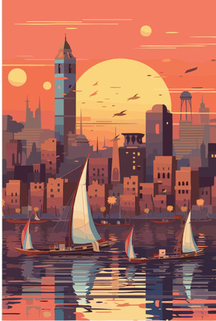 Egypt evening city, vector flat illustration, template for advertising travel banner, booklet, advertisement.のイラスト素材