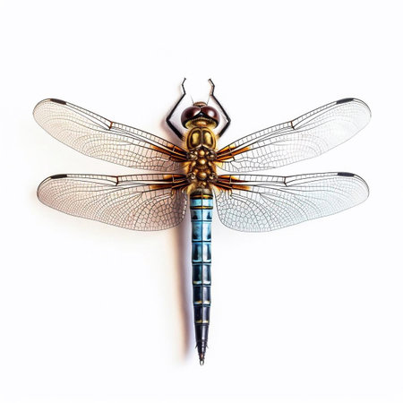 Dragonfly closeup isolated on white, macro photo of a living insect. AI generated.の素材