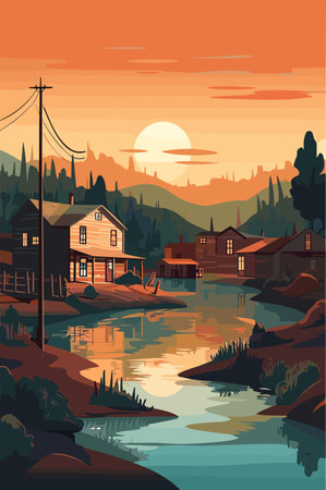 Australia small village landscape in the evening. Vector flat illustration.のイラスト素材