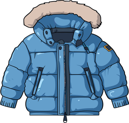 Blue winter down jacket with hood isolated on white background vector illustrationのイラスト素材