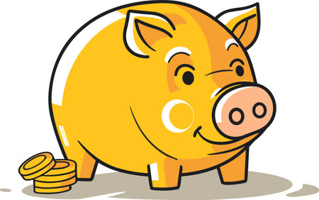 Cartoon Gold piggy Bank and coins. Financial symbol. Vector illustrationのイラスト素材