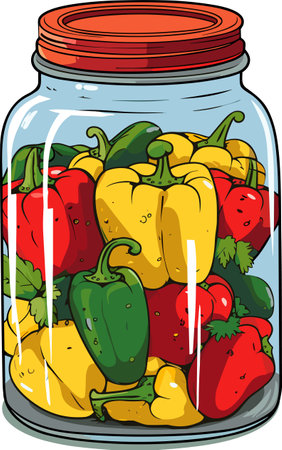 Jar preserved vegetables. Can of pickled pepper. Cartoon canned food in glass. Grocery conserve containerのイラスト素材