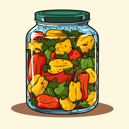 Jar preserved vegetables. Can of pickled pepper. Cartoon canned food in glass. Grocery conserve containerのイラスト素材