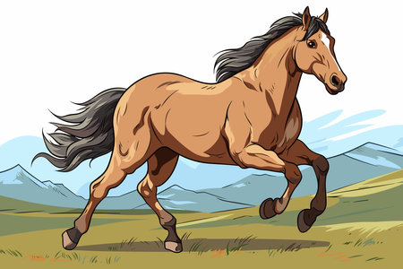 Horse running with grace on mountains background, vector illustrationのイラスト素材