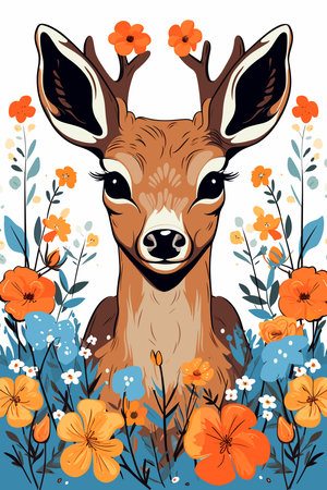Deer with beautiful antlers in floral bouquet. Vector illustrationのイラスト素材